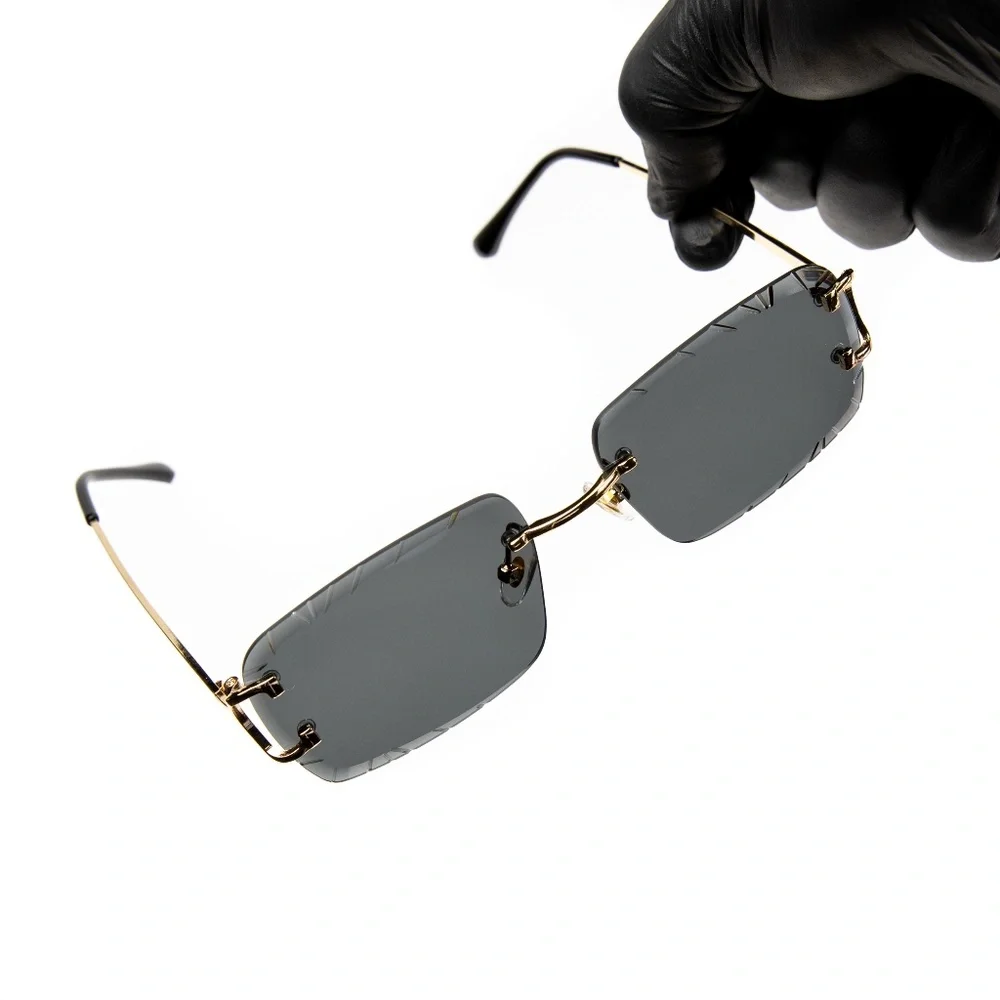 Mens Black Tint Gold Frame Summer Fashion Rimless Luxury Rectangle Sunglasses